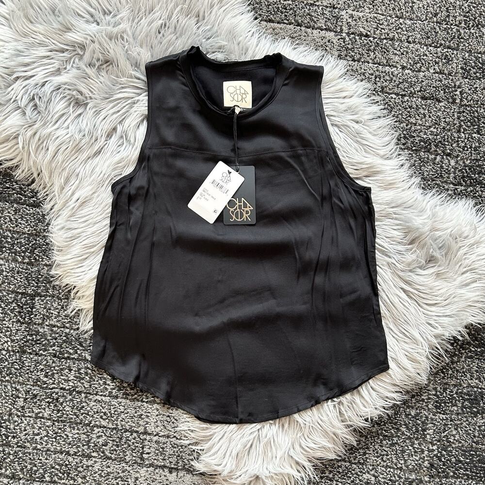 Chaser Women’s True Black Raw Neck Hem‎ Satin Tank Size Small